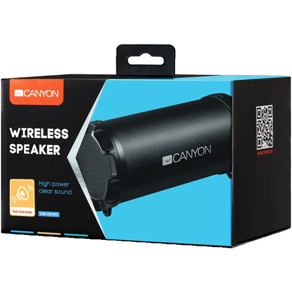 Canyon Bluetooth Speaker, BT V4.2, Jieli AC6905A, TF card support, 3.5mm AUX, micro-USB port, 1500mAh polymer battery, Black, cable length 