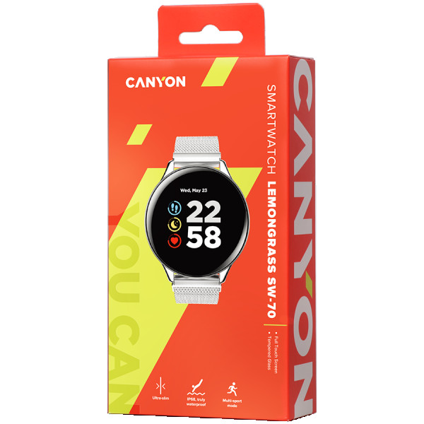 CANYON Lemongrass SW-70 Smart watch, 1.3inches IPS full touch screen, Zinc plastic body,IP68 waterproof, multi-sport mode with swimming mod