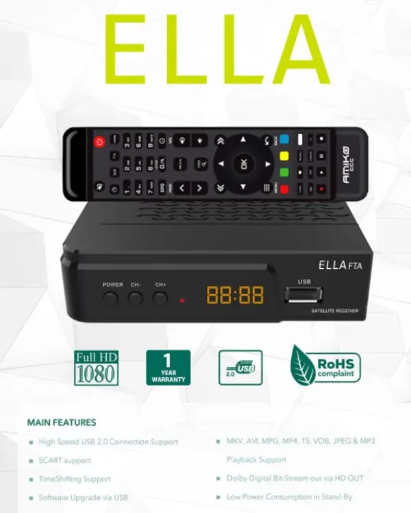 Prijemnik satelitski, DVB-S/S2, FTA, Full HD, H.265 AMIKO ELLA FTA