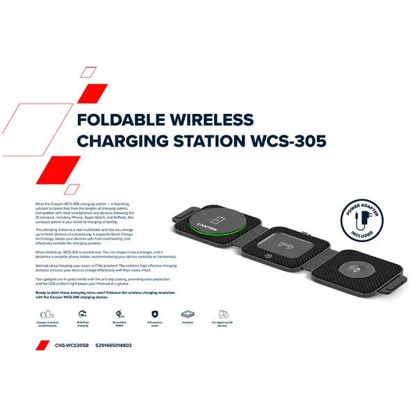 CANYON WS-305, Foldable 3in1 Wireless charger with case, touch button for Running water light, Input 9V2A,  12V1.5AOutput 15W10W7.5W5W, Typ