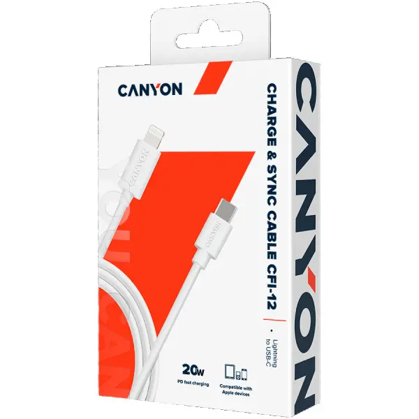 CANYON ?FI-12, cable Type C to lightning ,5V3A, 9V2.22A ,PD20W, power cord:18AWG*4C, Signal cord:28AWG*4C, data transfer speed:30Ms, OD4.5M