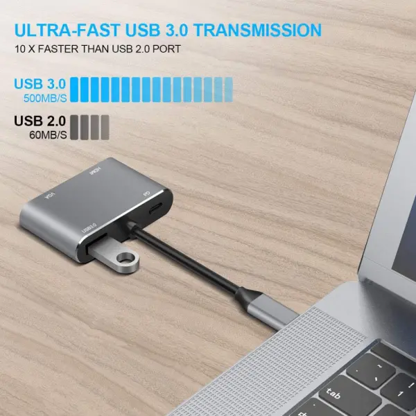 Adapter Type C na HDMI VGA PD USB3.0 4 u 1 sivi