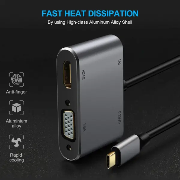 Adapter Type C na HDMI VGA PD USB3.0 4 u 1 sivi