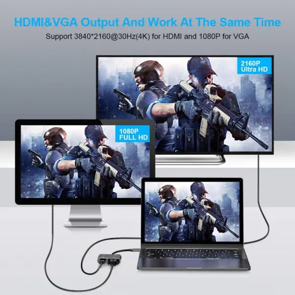 Adapter Type C na HDMI VGA PD USB3.0 4 u 1 sivi
