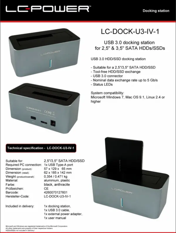 HDD D. Station LC-DOCK-U3-IV-1 SSDHDD Silver, USB 3.0