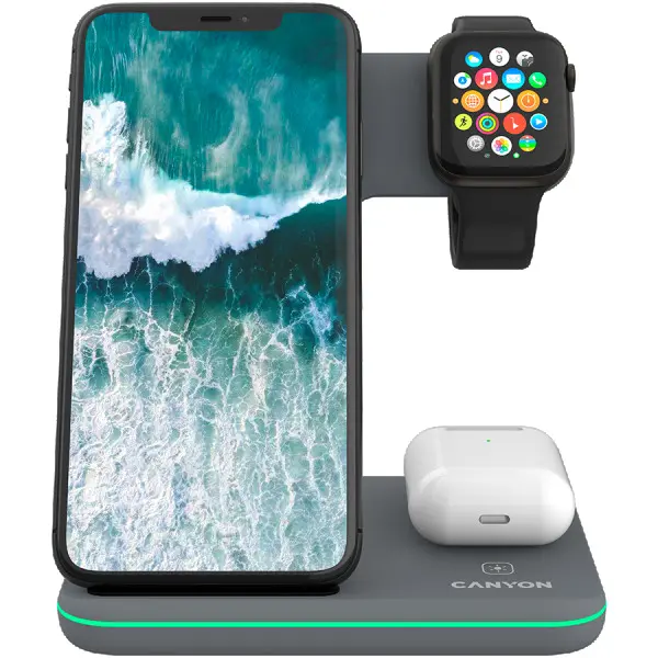 CANYON WS-303, 3in1 Wireless charger, with touch button for Running water light, Input 9V2A, 12V2A, Output 15W10W7.5W5W, Type c to USB-A ca