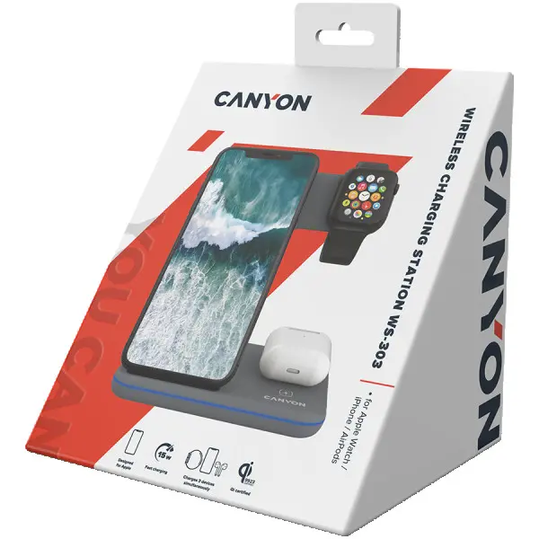 CANYON WS-303, 3in1 Wireless charger, with touch button for Running water light, Input 9V2A, 12V2A, Output 15W10W7.5W5W, Type c to USB-A ca