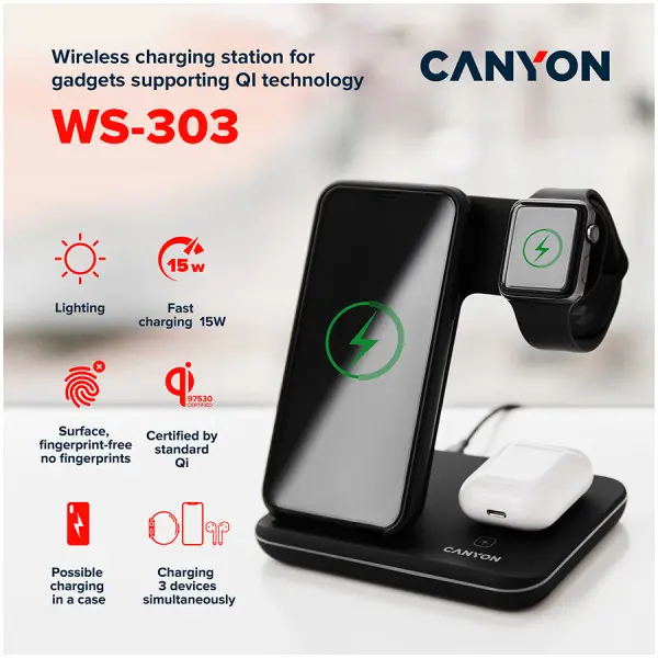 CANYON WS-303, 3in1 Wireless charger, with touch button for Running water light, Input 9V2A, 12V2A, Output 15W10W7.5W5W, Type c to USB-A ca
