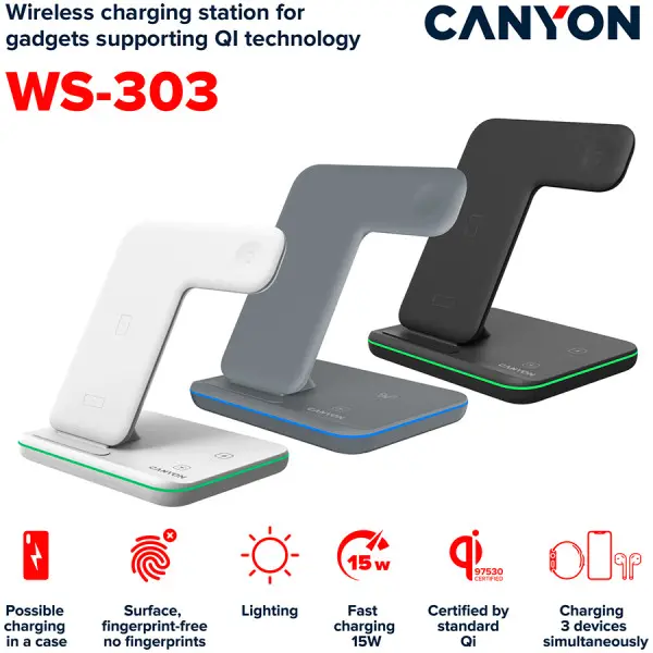 CANYON WS-303, 3in1 Wireless charger, with touch button for Running water light, Input 9V2A, 12V2A, Output 15W10W7.5W5W, Type c to USB-A ca
