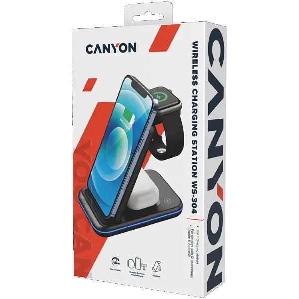 CANYON WS-304, Foldable  3in1 Wireless charger, with touch button for Running water light, Input 9V2A,  12V1.5AOutput 15W10W7.5W5W, Type c 