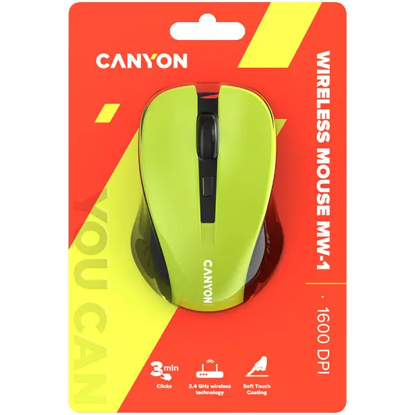 CANYON MW-1, Yellow 2.4GHz wireless optical mouse with 3 buttons, 80010001200 DPI adjustable ( CNE-CMSW1Y ) 