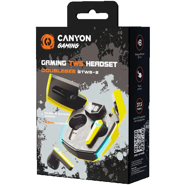 CANYON GTWS-2, Gaming True Wireless Headset, BT 5.3 stereo, 45ms low latency, 37.5 hours, USB-C, 0.046kg, yellow ( CND-GTWS2Y ) 