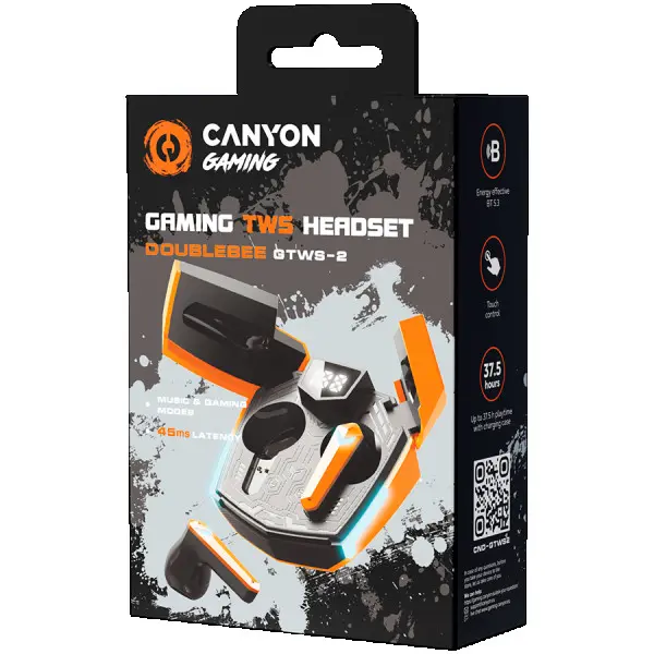 CANYON GTWS-2, Gaming True Wireless Headset, BT 5.3 stereo, 45ms low latency, 37.5 hours, USB-C, 0.046kg, orange ( CND-GTWS2O ) 