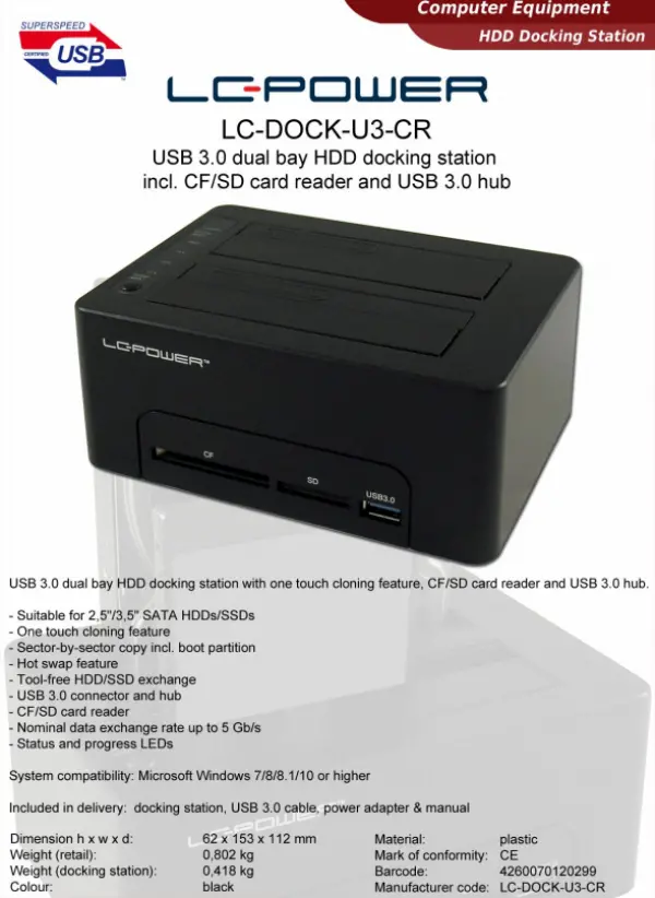 HDD D. Station dual bay LC-DOCK-U3-CR 2xSSDHDD, Black, Cardreader,1xUSB3.0 HUB