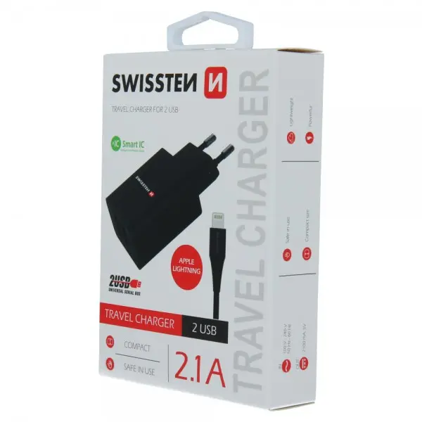 SWISSTEN Kucni Punjac 2.1A 2xUsb Lightning (Crna)