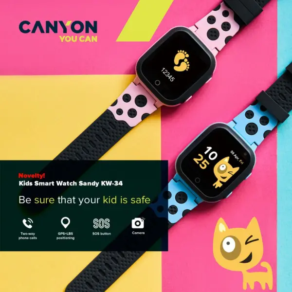 Smart watch CANYON Sandy KW-34, Kids, 1.44\'', GPS, nano SIM, 32+32MB, GSM, 400mAh, pink
