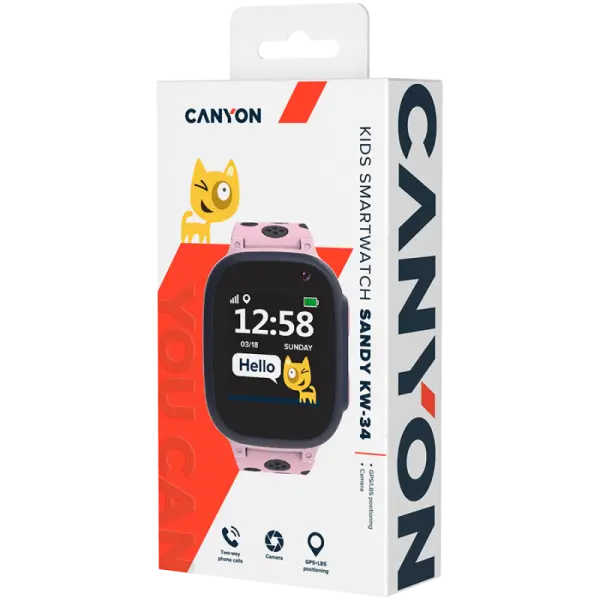 Smart watch CANYON Sandy KW-34, Kids, 1.44\'', GPS, nano SIM, 32+32MB, GSM, 400mAh, pink