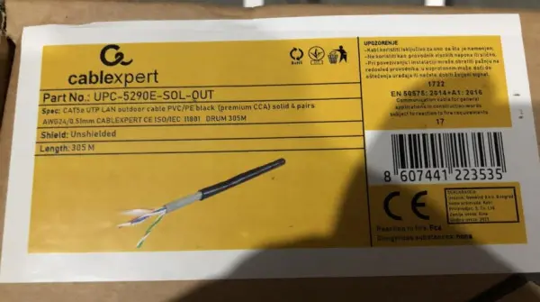 UPC-5290E-SOL-OUT Gembird, UTP cat.5E Outdoor, solid 24AWG, 0.51mm PREMIUM CCA kotur pun presek 305m