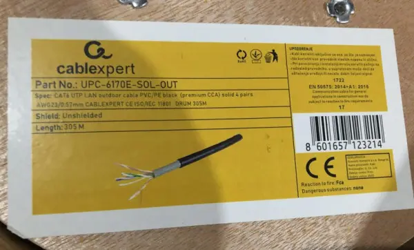 UPC-6170E-SOL-OUT Gembird, UTP cat.6 Outdoor, solid 23AWG, 0.57mm PREMIUM CCA kotur pun presek 305m