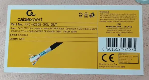 FPC-6260E-SOL-OUT Gembird, FTP cat.6 Outdoor, solid 23AWG, 0.57mm PREMIUM CCA kotur pun presek 305m