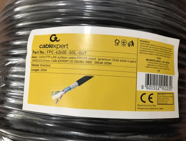 FPC-6260E-SOL-OUT Gembird, FTP cat.6 Outdoor, solid 23AWG, 0.57mm PREMIUM CCA kotur pun presek 305m