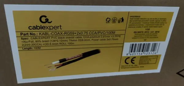 KABL-COAX-RG59+2X0.75 CCA/PVC/100M Koaksialni kabl sa napojnim kablom 2x0,75mm black 100m
