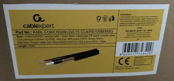 KABL-COAX-RG59+2X0.75 CCA/PE/100M/MSG Outdoor Koaksialni kabl sa napojnim kablom 2x0,75 + SAJLA 100m