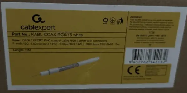 KABL-COAX-RG6/15 white (X553)** koaksialni kabl RG6 konektor F-male/IEC, conduct.18%, 6.5mm 15m
