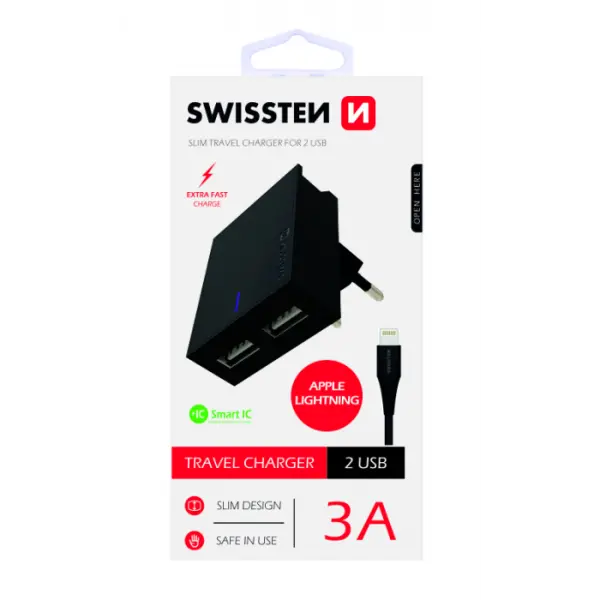SWISSTEN Kucni Punjac 3A 2xUsb Lightning (Crna)