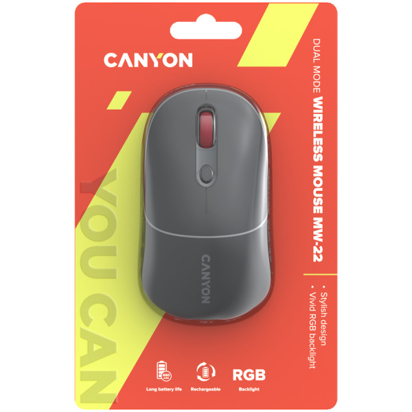 CANYON MW-22, 2 in 1 Wireless optical mouse with 6 buttons, DPI 80012001600, 2 mode(BT 2.4GHz),  650mAh Li-poly battery,RGB backlight ,Dark