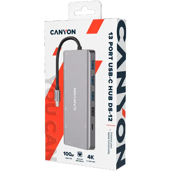 CANYON DS-12, 13 in 1 USB C hub, with 2*HDMI, 3*USB3.0: support max. 5Gbps, 1*USB2.0: support max. 480Mbps, 1*PD: support max 100W PD, 1*VG