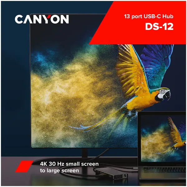 CANYON DS-12, 13 in 1 USB C hub, with 2*HDMI, 3*USB3.0: support max. 5Gbps, 1*USB2.0: support max. 480Mbps, 1*PD: support max 100W PD, 1*VG