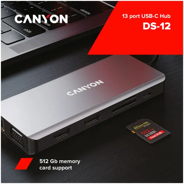 CANYON DS-12, 13 in 1 USB C hub, with 2*HDMI, 3*USB3.0: support max. 5Gbps, 1*USB2.0: support max. 480Mbps, 1*PD: support max 100W PD, 1*VG