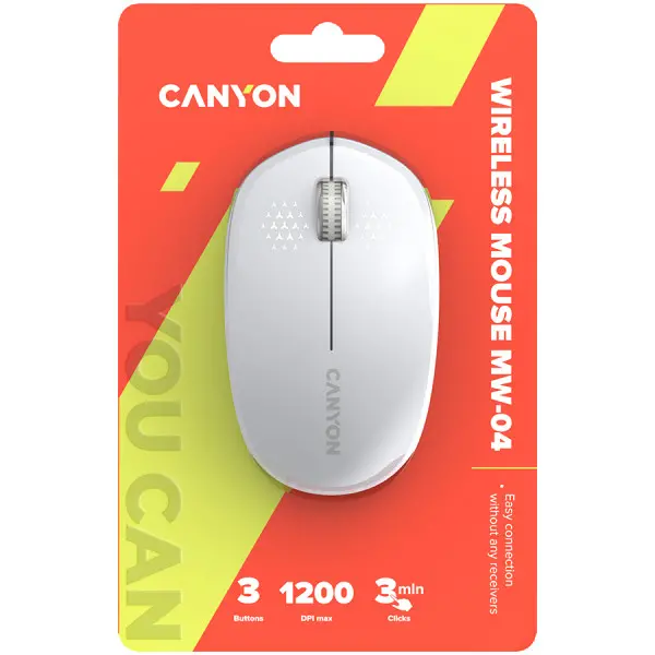 CANYON MW-04, Bluetooth Wireless optical mouse with 3 buttons, DPI 1200 , with1pc AA canyon turbo Alkaline battery,White, 103*61*38.5mm, 0.