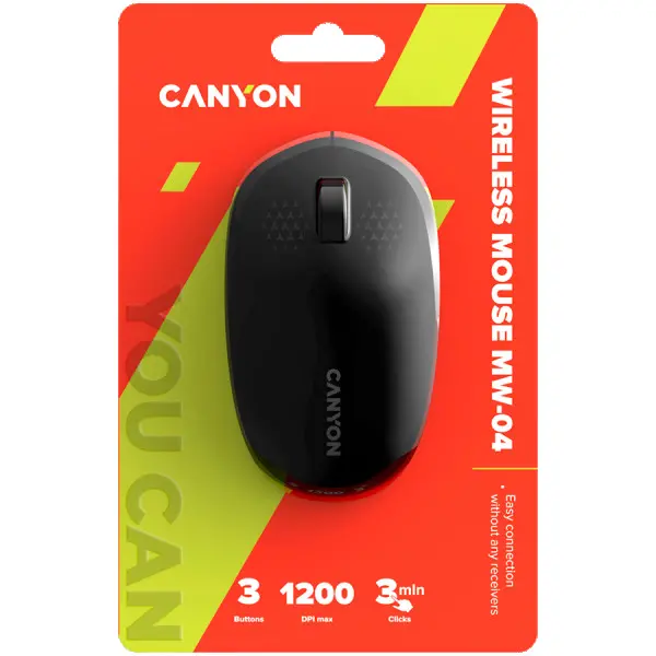 CANYON MW-04, Bluetooth Wireless optical mouse with 3 buttons, DPI 1200 , with1pc AA canyon turbo Alkaline battery,Black, 103*61*38.5mm, 0.