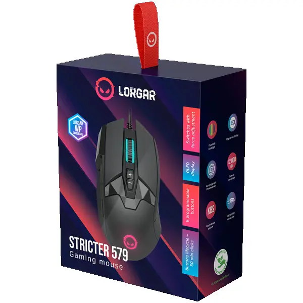 LORGAR Stricter 579, gaming mouse, 9 programmable buttons, Pixart PMW3336 sensor, DPI up to 12 000, 50 million clicks buttons lifespan, 2 s