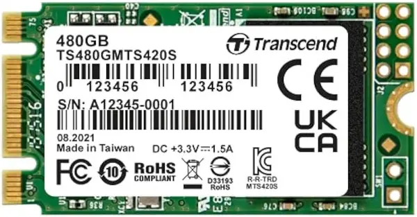 480GB, M.2 2242, PCIe Gen3x4, NVMe, SATA3 B+M Key, TLC, DRAM-less, Read up to 530MB/s, Write up to 480 MB/s, Single-sided ( TS480GMTS420S )