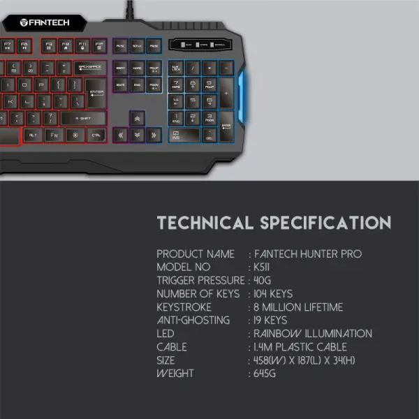 Tastatura Gaming Fantech K511 Hunter Pro crna