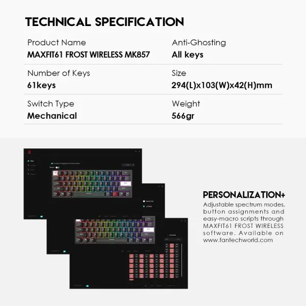 Tastatura Mehanicka Gaming Fantech MK857 RGB Maxfit61 FROST Wireless crna (Red switch)