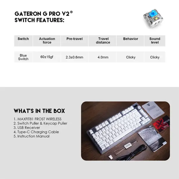 Tastatura Mehanicka Gaming Fantech MK910 RGB PBT Maxfit81 Frost Wireless crna (blue switch)