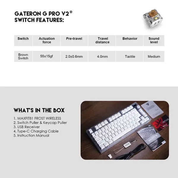 Tastatura Mehanicka Gaming Fantech MK910 RGB PBT Maxfit81 Frost Wireless crna (brown switch)