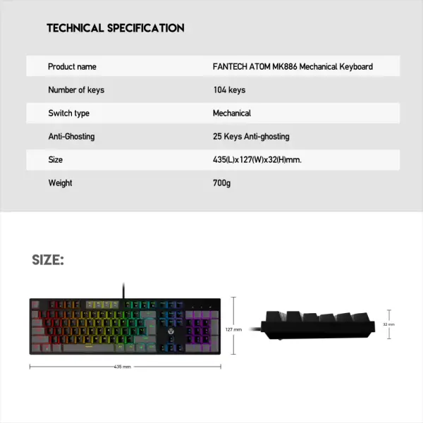 Tastatura Mehanicka Gaming Fantech MK886 RGB Atom crna (Red switch)