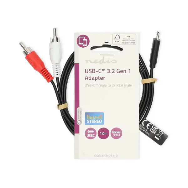 CCGL64240BK10 Nedis kabl USB C na 2x RCA muski, 1m