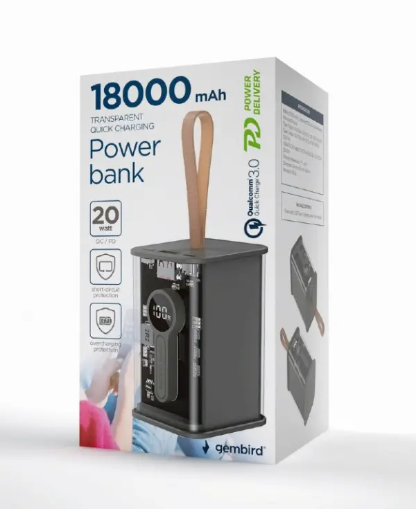 PB18-TQC3-01 Gembird Power bank 18000 mAh, crni