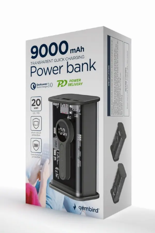 PB09-TQC3-01 Gembird power bank 9000 mAh, crni