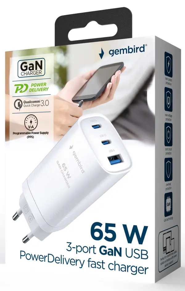 TA-UC-PDQC65-01-W Gembird 3-port 65 W GaN USB PowerDelivery fast charger, white