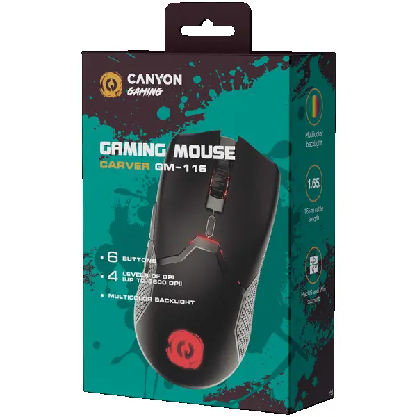 CANYON Carver GM-116,  6keys Gaming wired mouse, A603EP sensor, DPI up to 3600, rubber coating on panel, Huano 1million switch, 1.65M PVC c