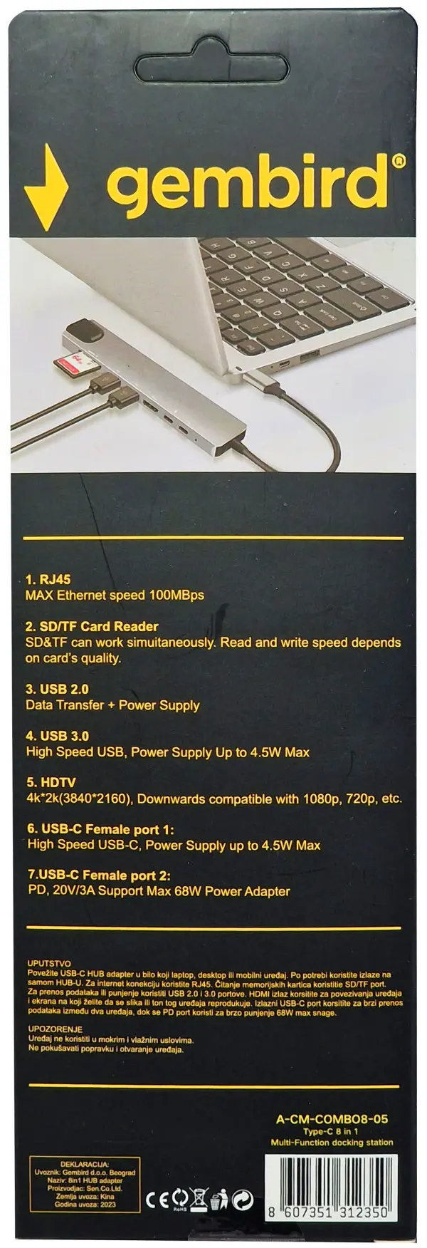 A-CM-COMBO8-05 **Gembird USB HUB Type-C 8-in-1 multi-port adapter USB-C+USB-A+HDMI+PD+card+RJ45 139