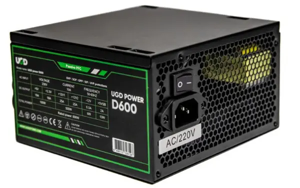 Napajanje D600 600W UGD power 12cm FAN, 20+4pin, 4+4pin, 3xSATA, 1xIDE, 2x6+2pin Black