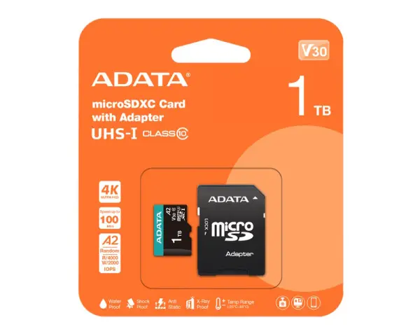 A-DATA Memorijska kartica UHS-I U3 MicroSDXC 1TB V30S + adapter AUSDX1TUI3V30SA2-RA1 